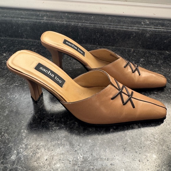 Sacha Too Women Tan Leather Pointed Toe Lace Up Mule Heels Size 7.5B - Picture 1 of 10